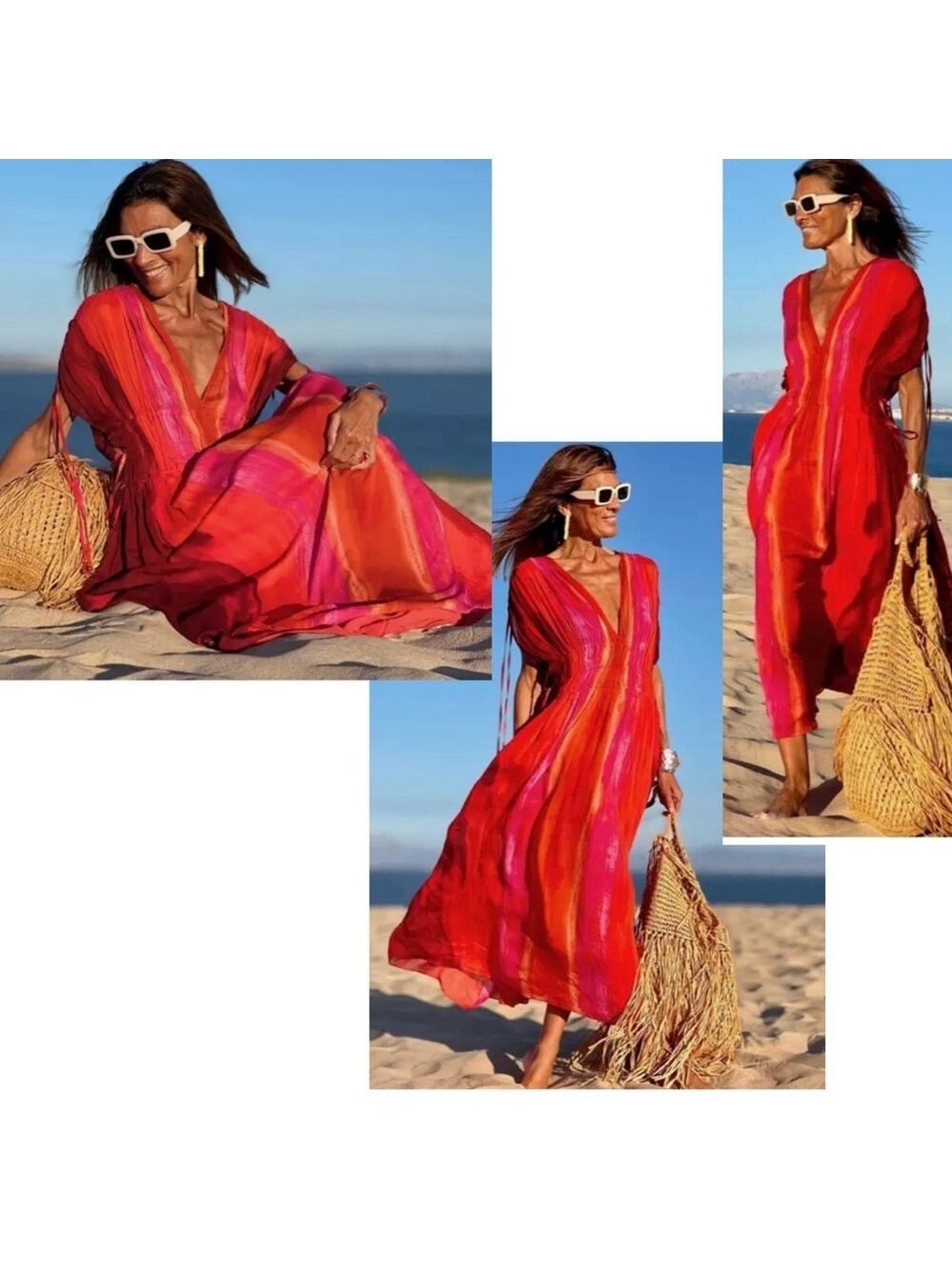 Zara red pink tie-dye BoHo V-neck midi dress Sz M tropical beach vacation NWOT - Picture 2 of 16